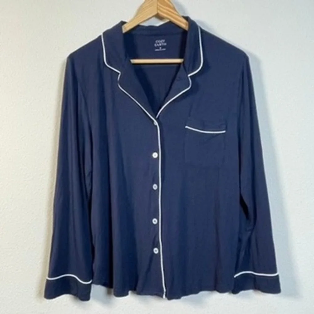 Cozy Earth Pajama Top Womens Medium Navy Blue Bamboo Viscose Long Sleeve Piping